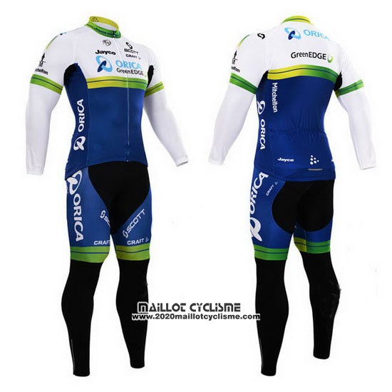 2015 Maillot Ciclismo Orica GreenEDGE Bleu et Blanc Manches Longues et Cuissard